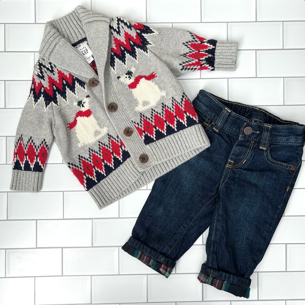 3-6M🌲🐻‍❄️ Baby GAP Fair Isle Polar Bear Holiday Sweater & Lined Denim Jeans
